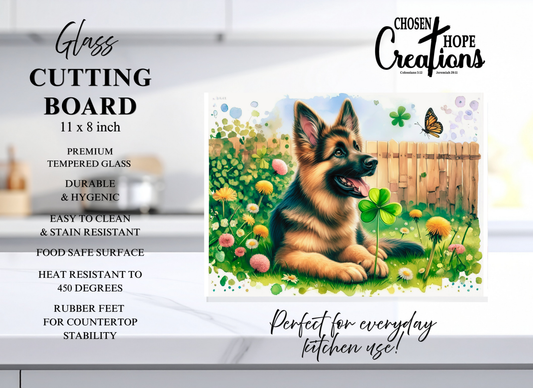 German Shepherd Puppy Lucky Clover Garden Tempered Glass Cutting Board – 8×11