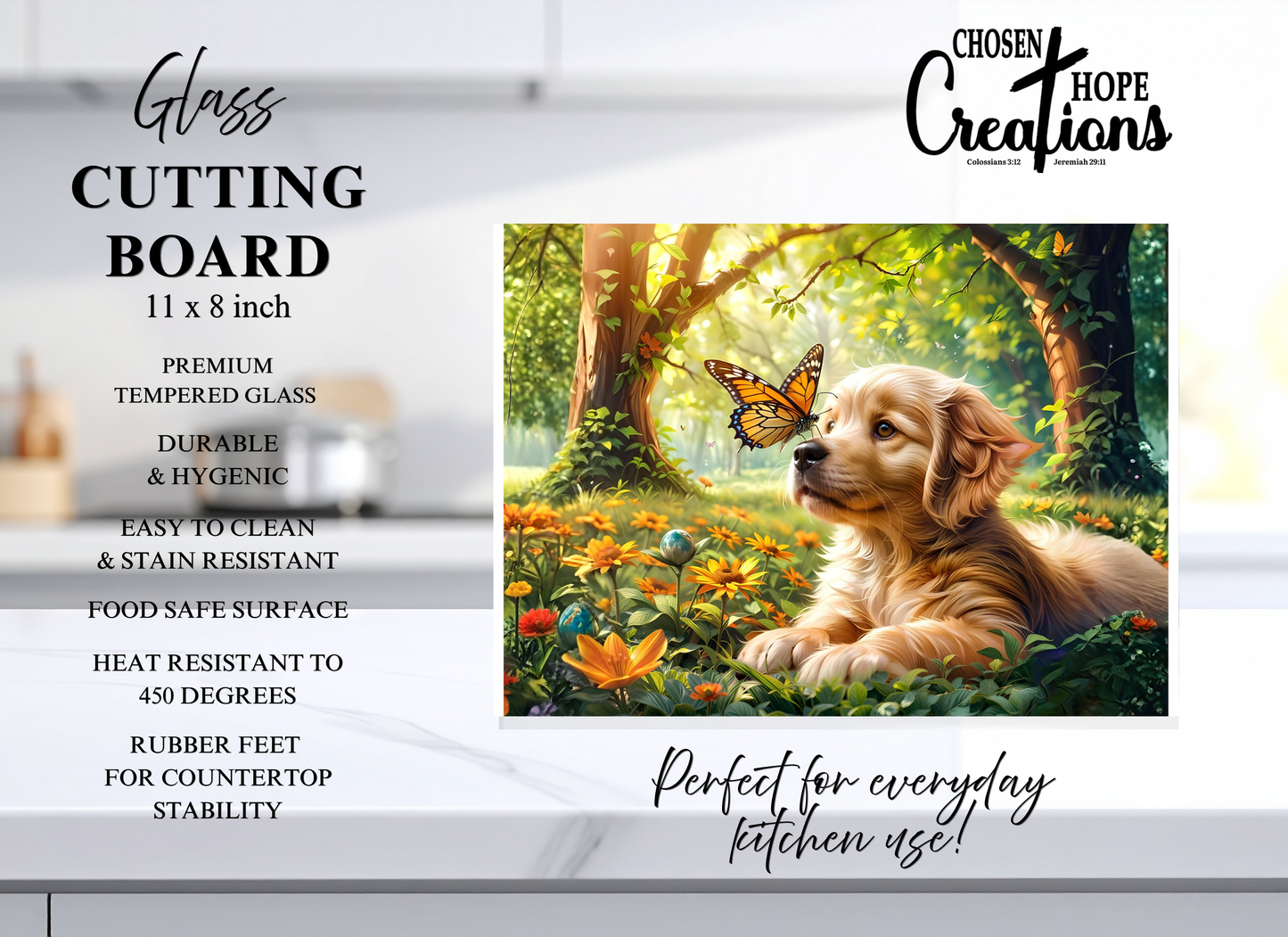 Golden Retriever Puppy & Butterfly Meadow Tempered Glass Cutting Board – 8×11