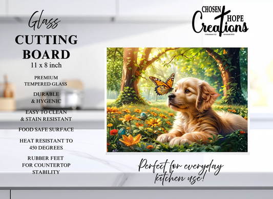 Golden Retriever Puppy & Butterfly Meadow Tempered Glass Cutting Board – 8×11