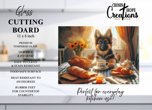 German Shepherd Puppy Breakfast Tempered Glass Cutting Board – 8×11