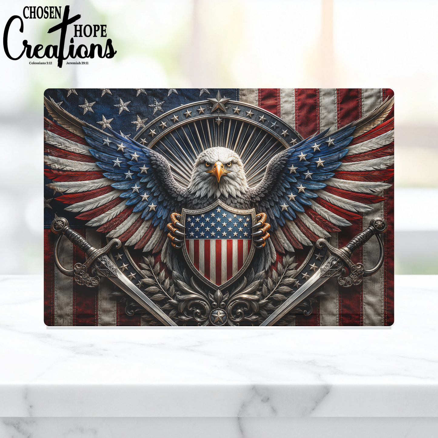 American Eagle Shield Patriotic Glass Cutting Board