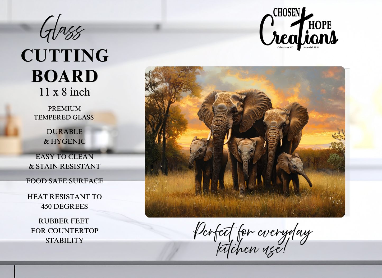 Elephant Family Sunset – 8x11 Tempered Glass Cutting Board