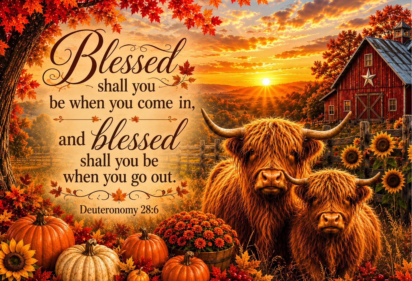 Deuteronomy 28:6 Highland Cattle Tempered Glass Cutting Board | Christian Farmhouse Kitchen Décor | Autumn Scripture Gift