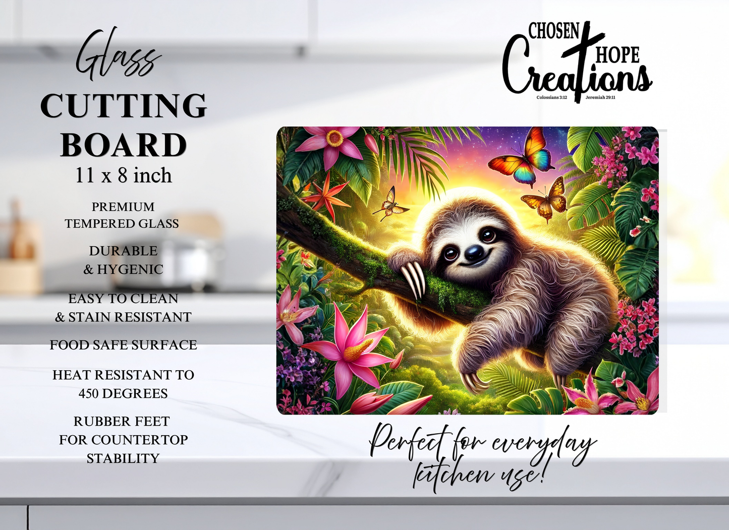 Sloth in Paradise – 8x11 Tempered Glass Cutting Board