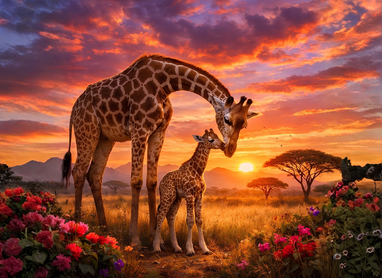 Giraffe Mother & Calf at Sunset – 8x11 Tempered Glass Cutting Board