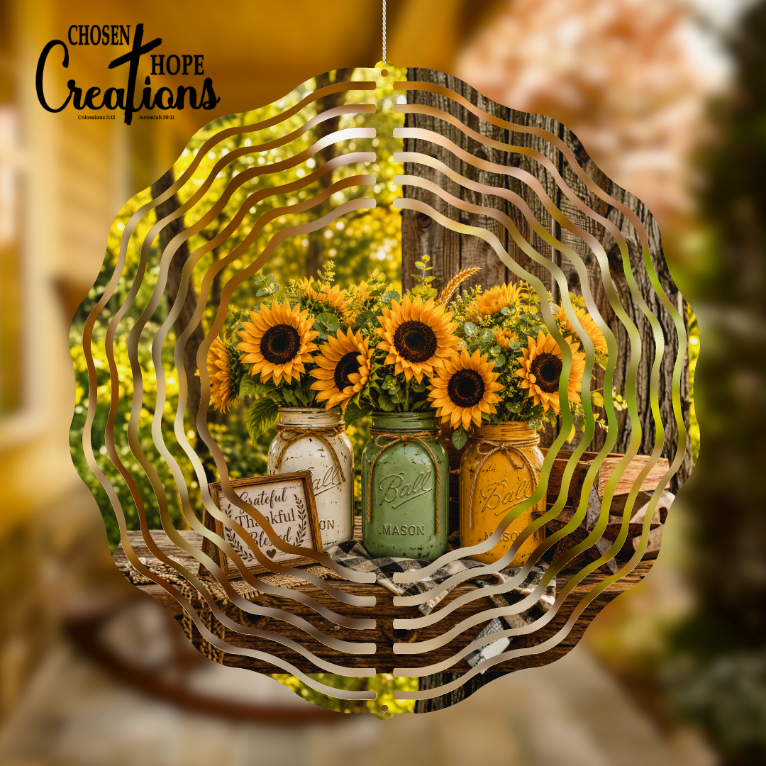 Grateful Thankful Blessed Mason Jar Sunflower Wind Spinner – Autumn Collection