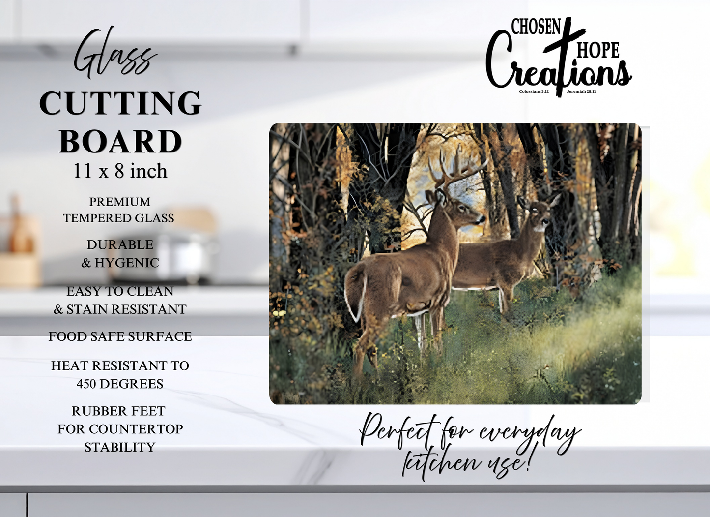 Whitetail Deer Autumn Forest Tempered Glass Cutting Board – 8×11