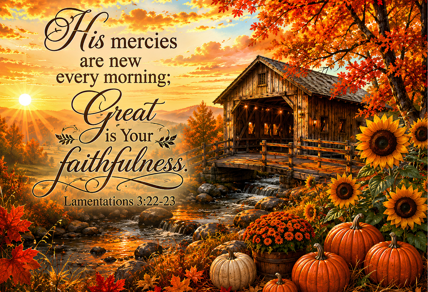 Lamentations 3:22–23 Covered Bridge Tempered Glass Cutting Board | Christian Kitchen Décor | Autumn Scripture Gift