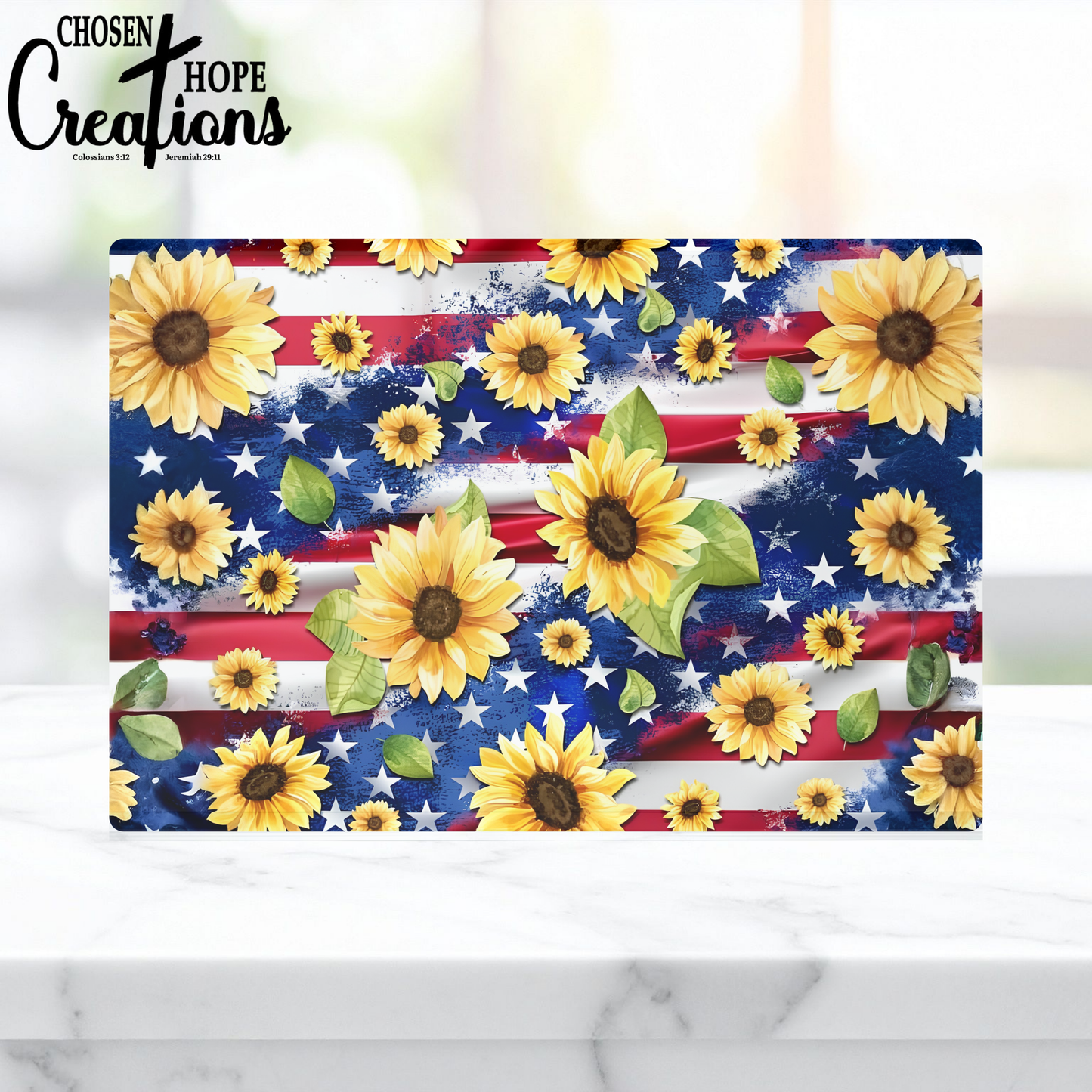 Sunflower American Flag Patriotic Glass Cutting Board