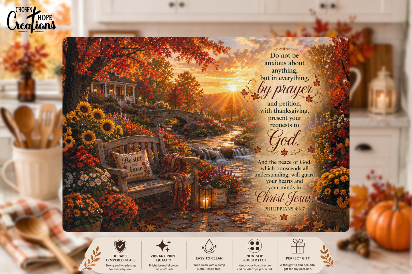 Philippians 4:6–7 Peaceful Garden Tempered Glass Cutting Board | Christian Kitchen Décor | Inspirational Scripture Gift