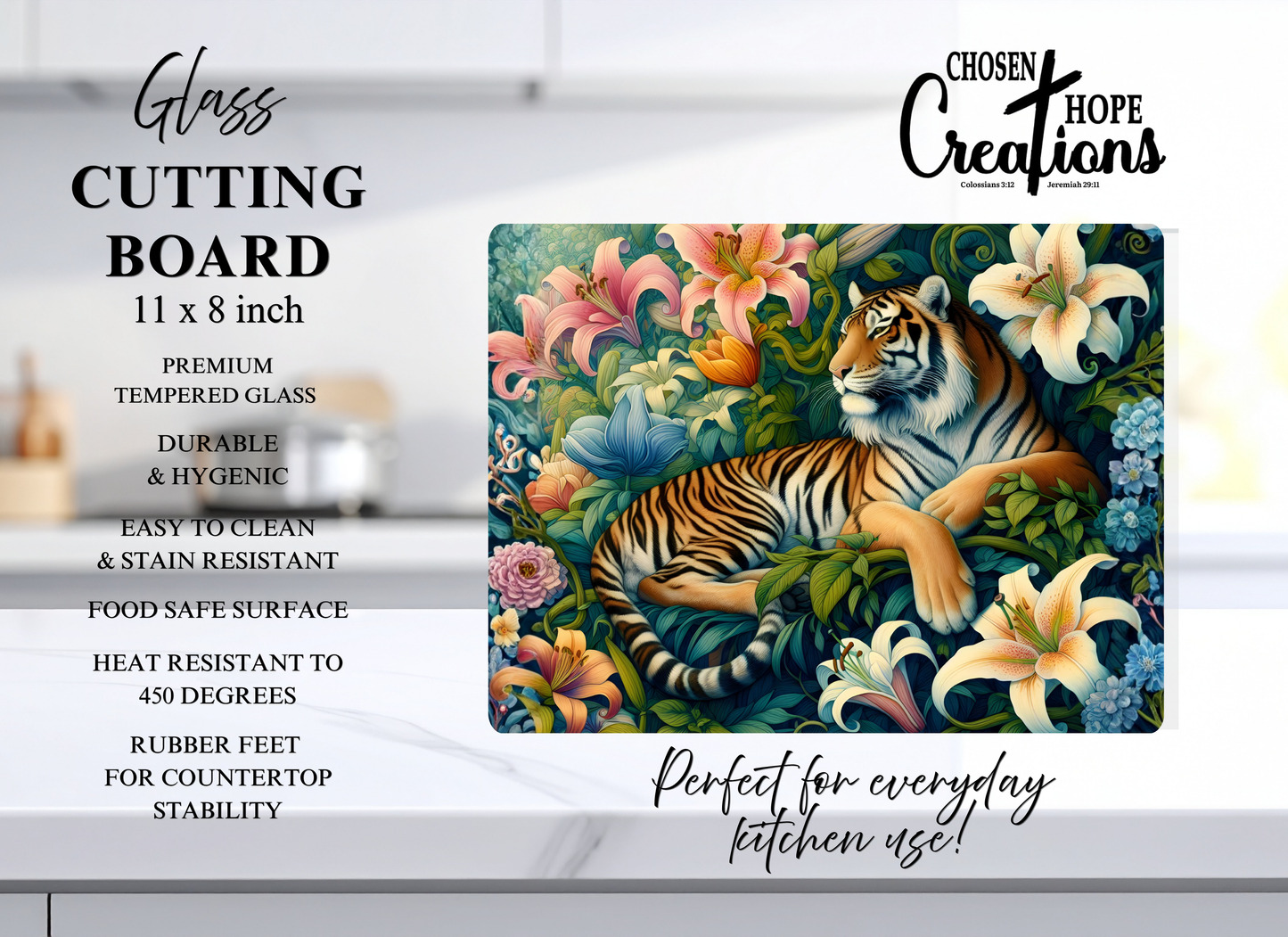 Tiger in Bloom – 8x11 Tempered Glass Cutting Board