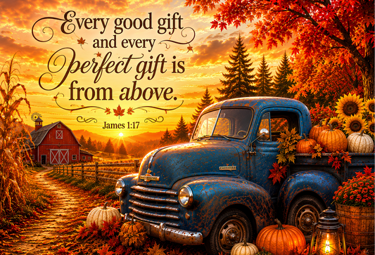 James 1:17 Vintage Blue Farm Truck Tempered Glass Cutting Board | Christian Farmhouse Kitchen Décor | Inspirational Autumn Gift