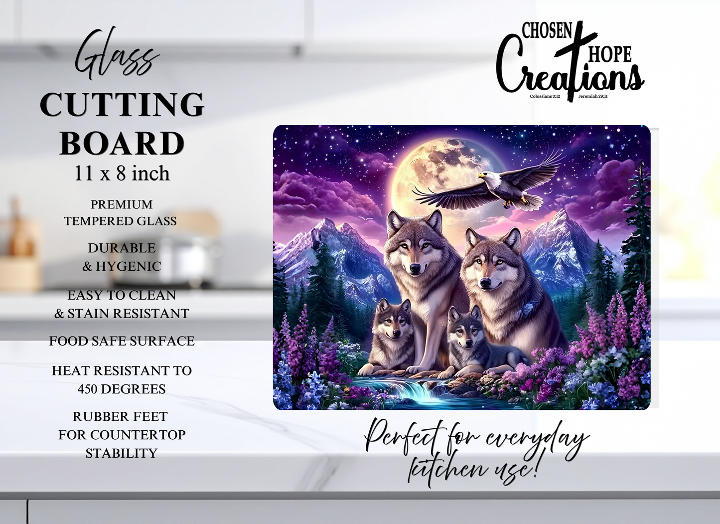 Wolf Family Moonlit Mountain Tempered Glass Cutting Board – 8×11