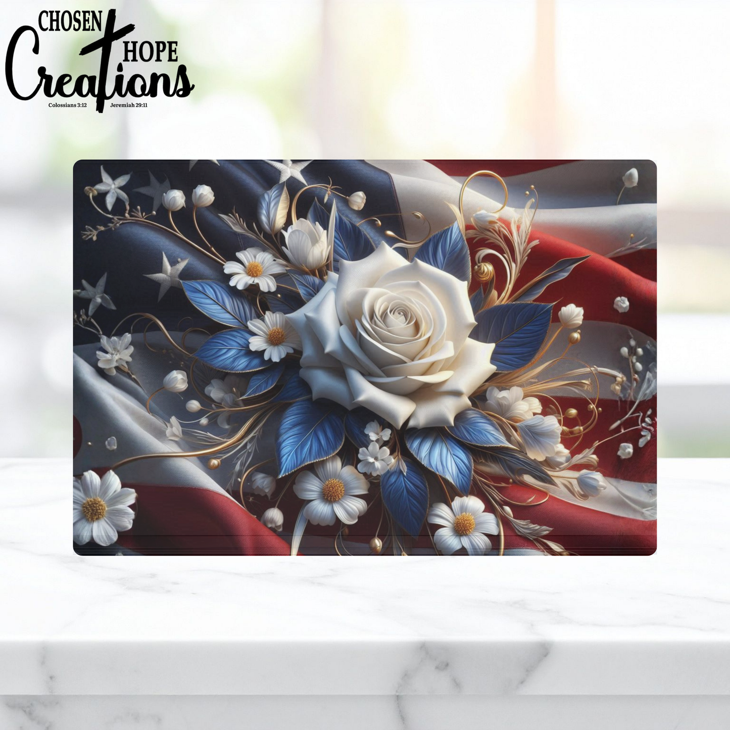 Patriotic White Rose American Flag Glass Cutting Board