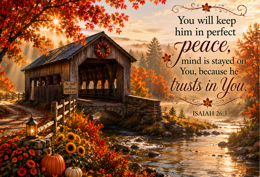 Isaiah 26:3 Covered Bridge Tempered Glass Cutting Board | Christian Kitchen Décor | Inspirational Fall Gift