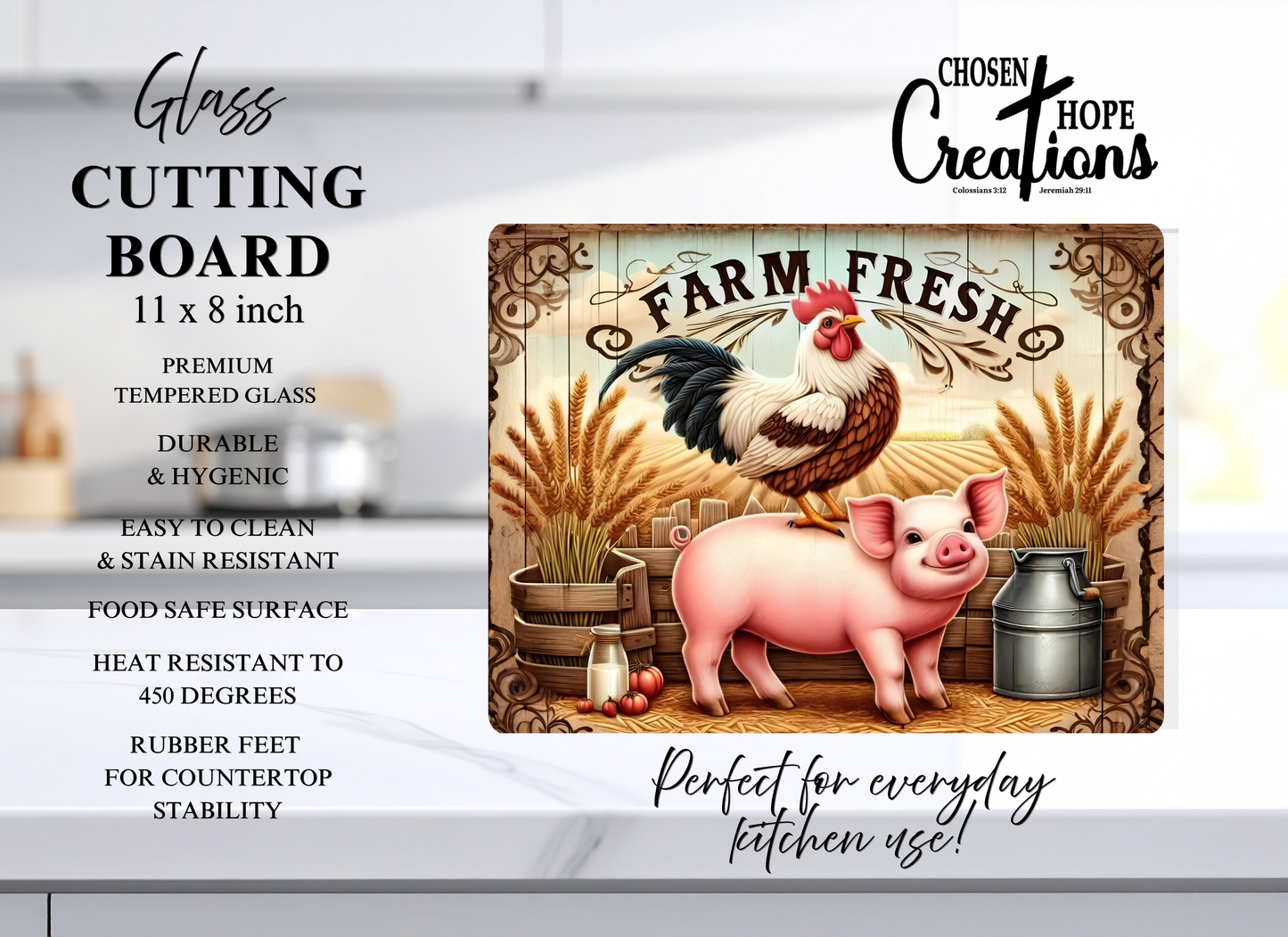Farm Fresh Vintage Sign Tempered Glass Cutting Board – 8×11