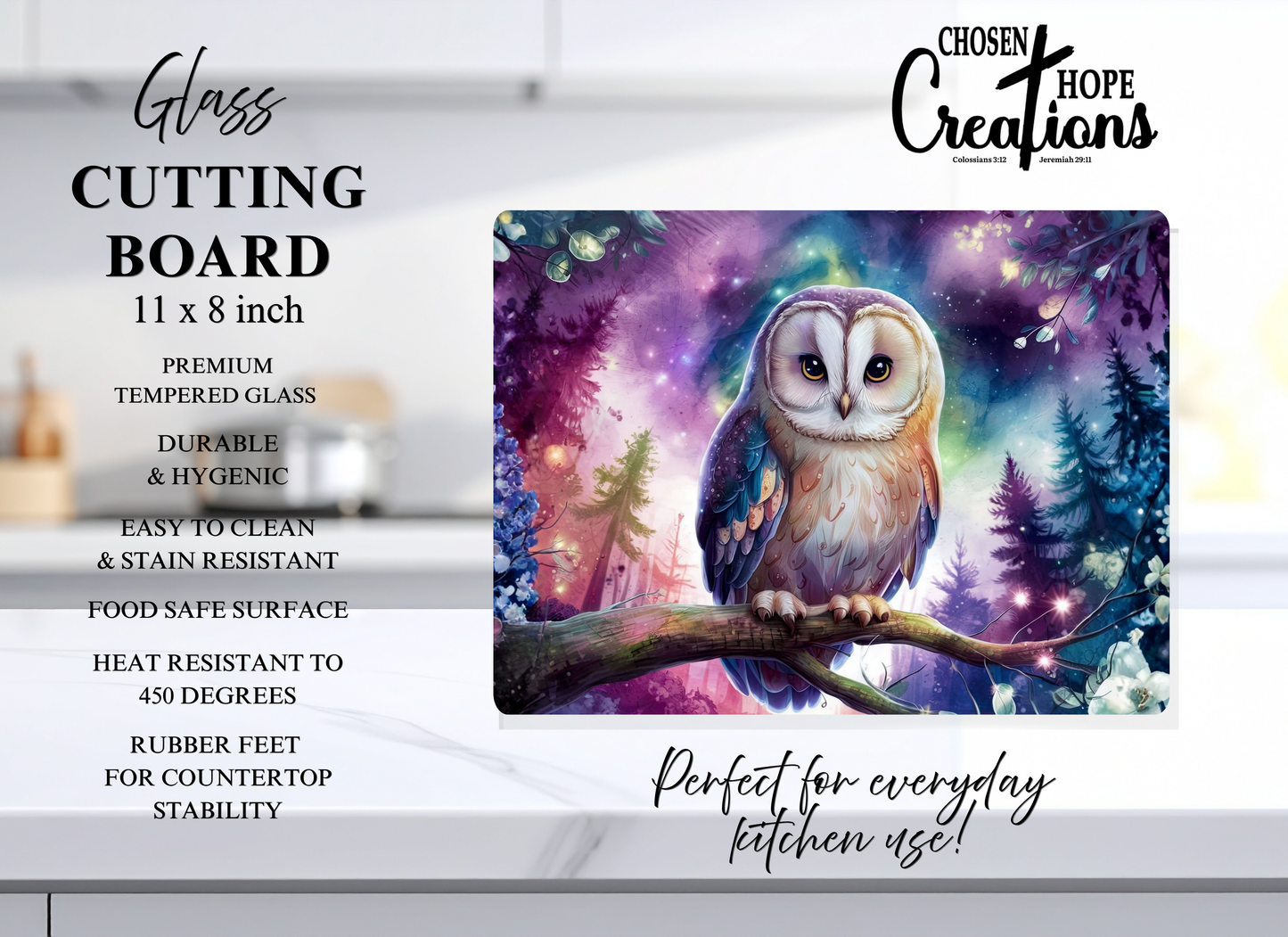 Owl Galaxy Forest Tempered Glass Cutting Board – 8×11
