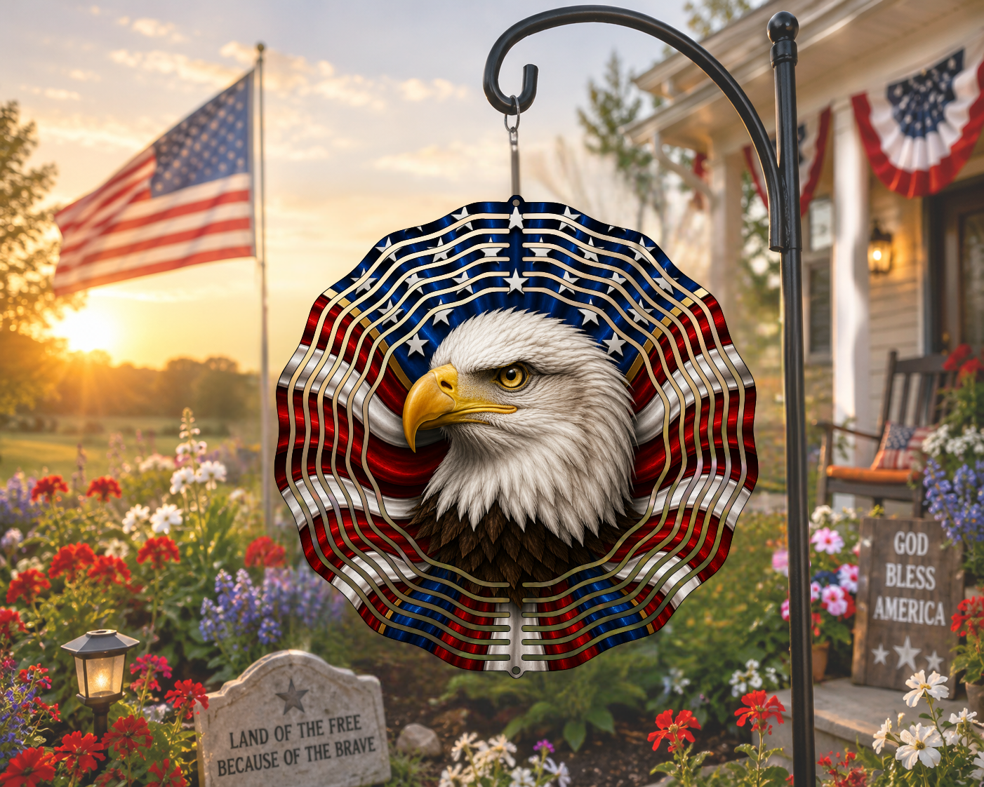 Decorative garden wind spinner with an eagle design featuring American flag colors, hanging outdoors.
