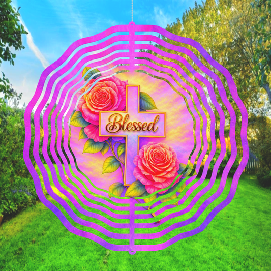 Blessed Rose Cross Wind Spinner | Faith Garden Decor | Christian Gift | Purple & Pink Floral
