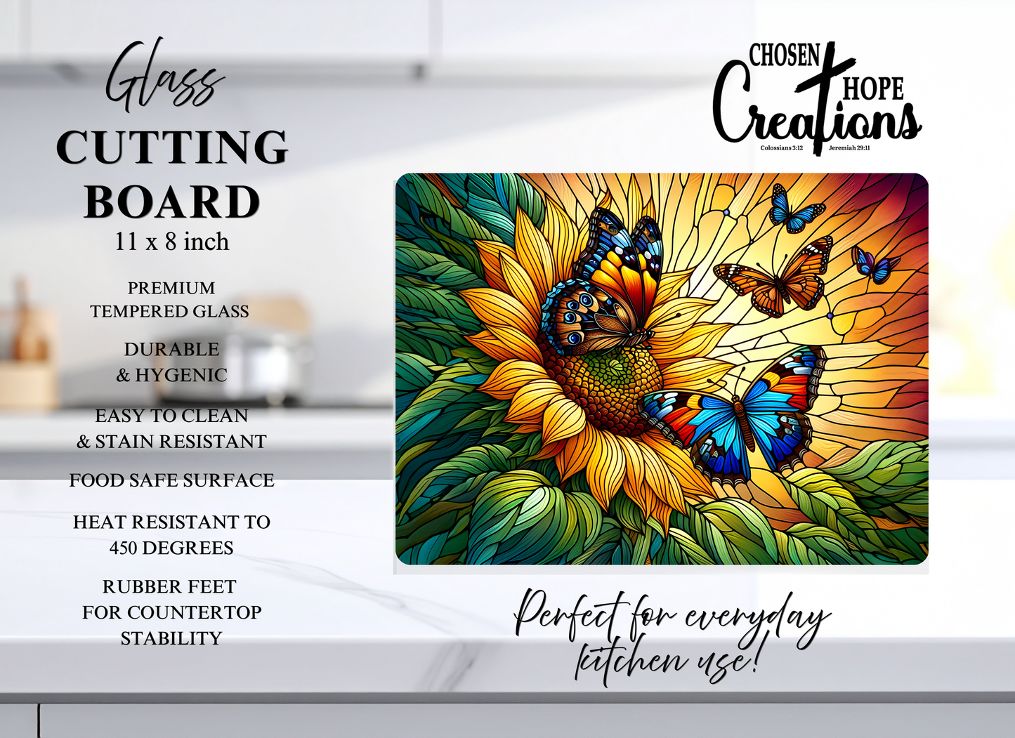 Stained Glass Sunflower & Butterfly Tempered Glass Cutting Board – 8×11