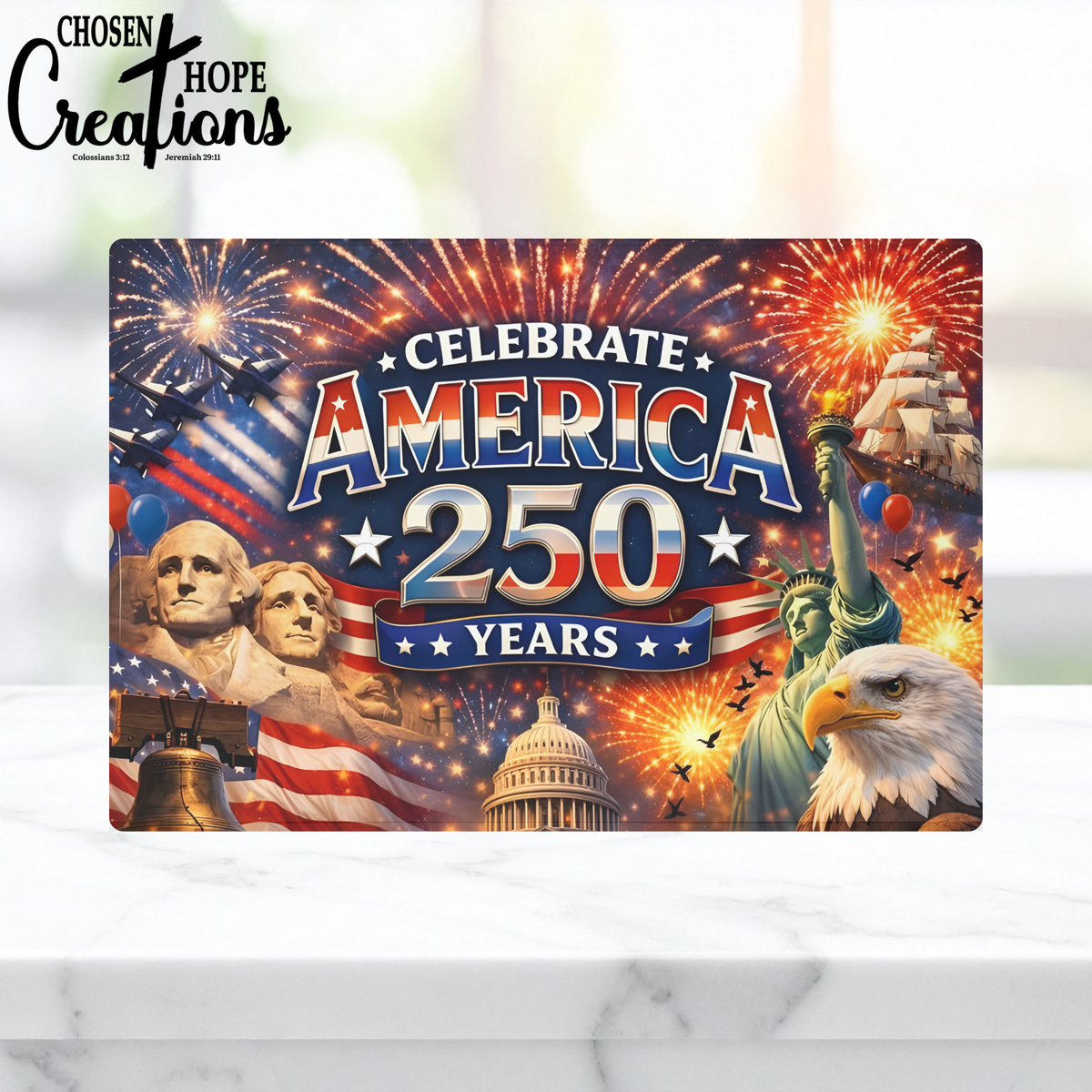 Glass cutting board with American-themed design celebrating 250 years of America, featuring fireworks, flags, and iconic landmarks.