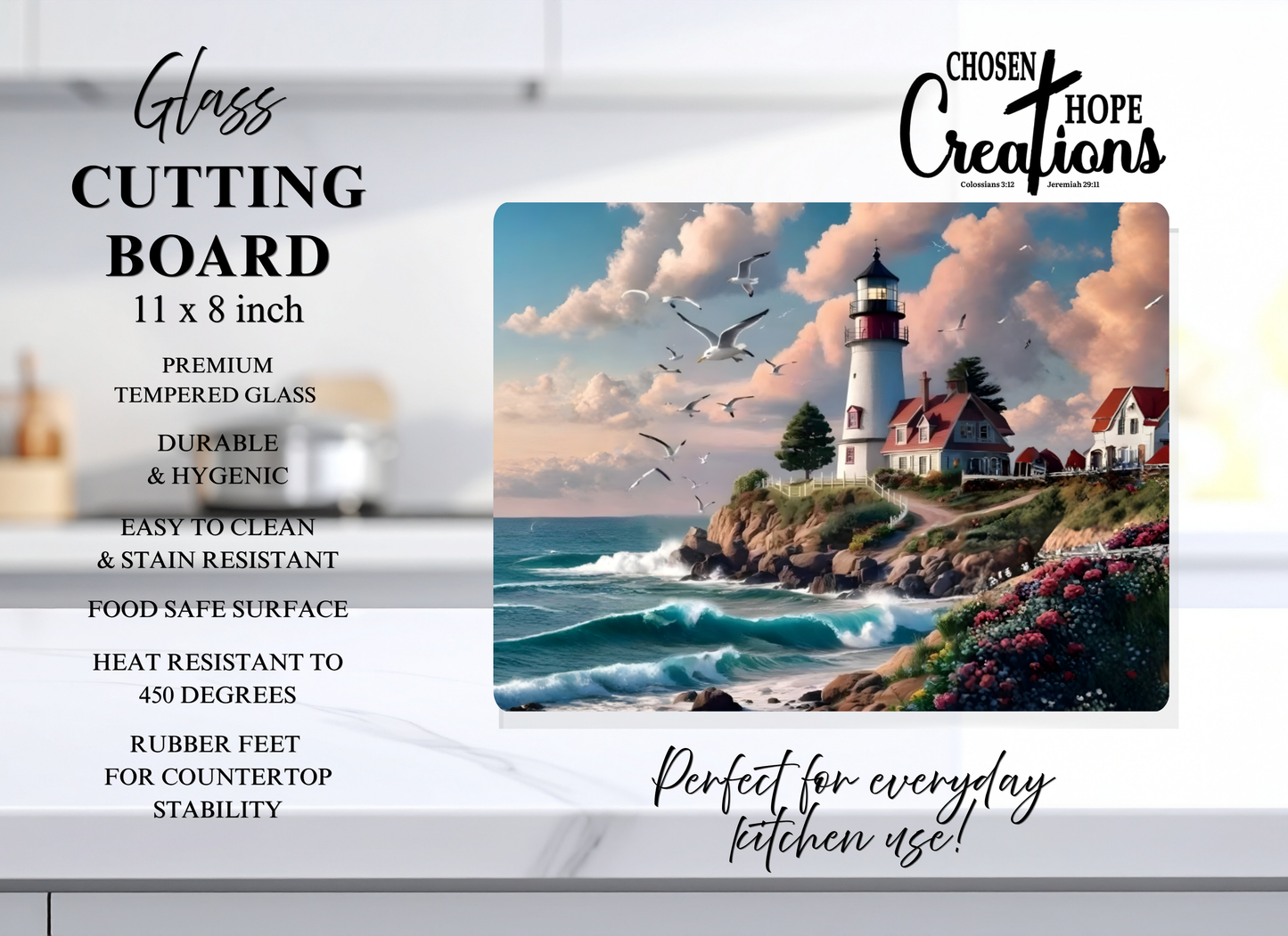 Coastal Lighthouse Tempered Glass Cutting Board – 8×11