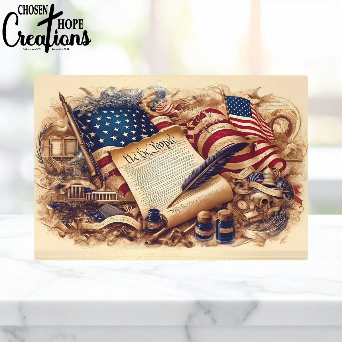 Decorative design with American flags, Constitution, and other symbols on a marble background.