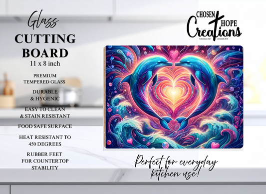 Dolphin Love Heart Tempered Glass Cutting Board – 8×11