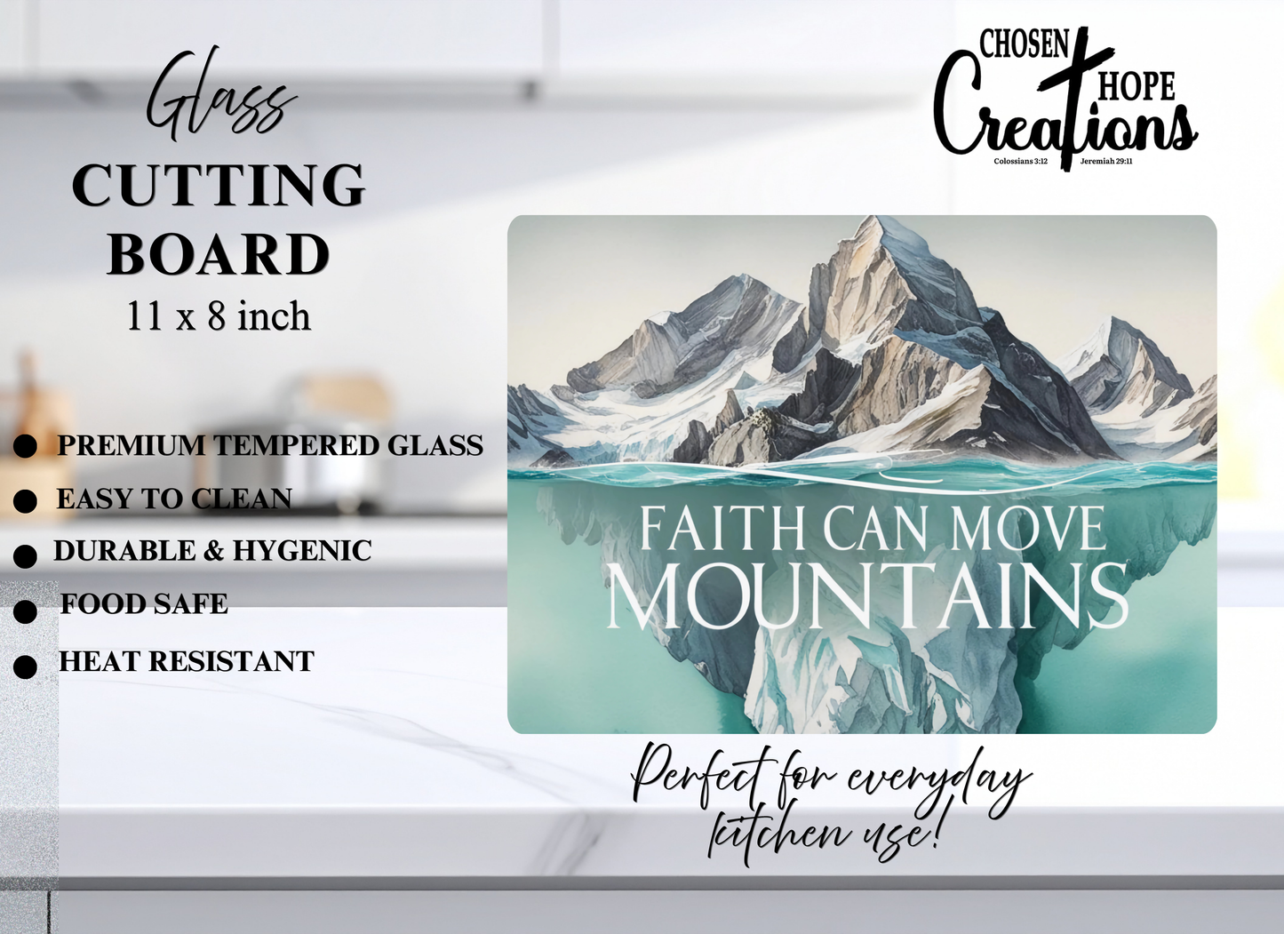 Faith Can Move Mountains Tempered Glass Cutting Board - 8x11