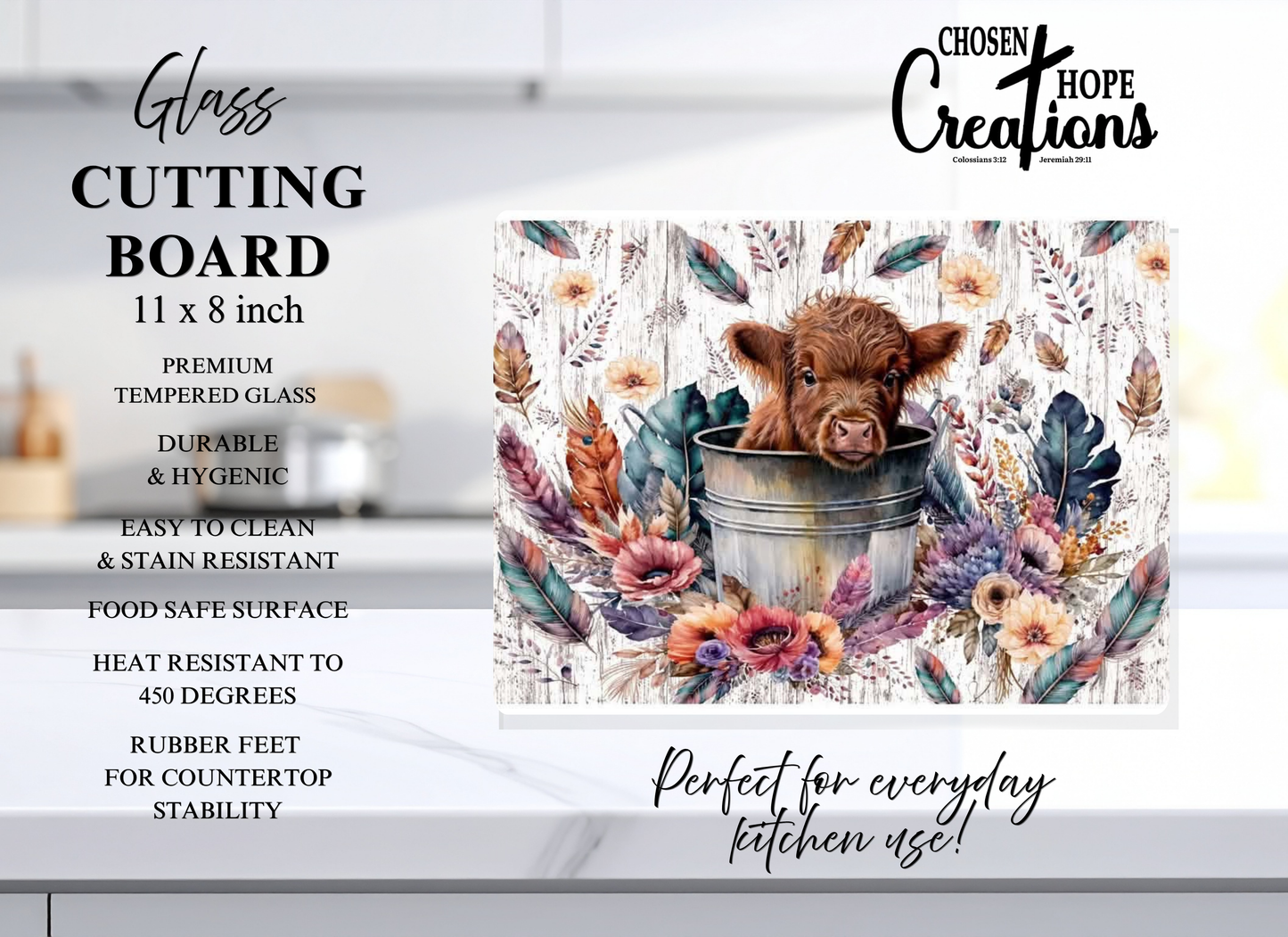 Baby Highland Cow Boho Tempered Glass Cutting Board – 8×11