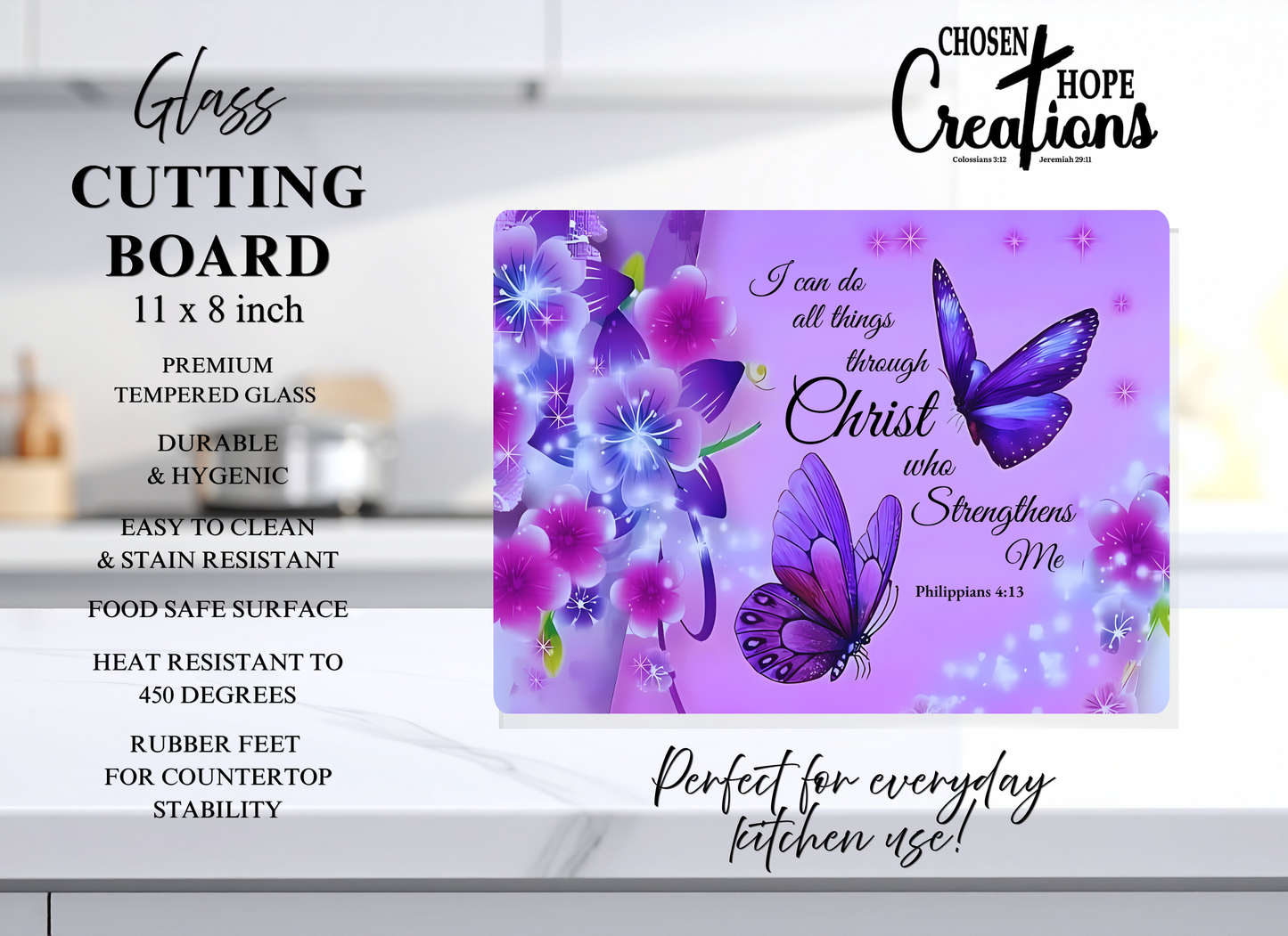 Philippians 4:13 Butterfly Tempered Glass Cutting Board – 8×11