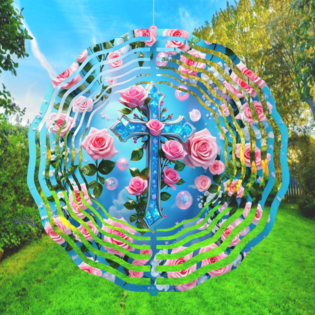 Teal Crystal Cross Pink Roses Wind Spinner | Faith Garden Decor | Christian Gift | Floral