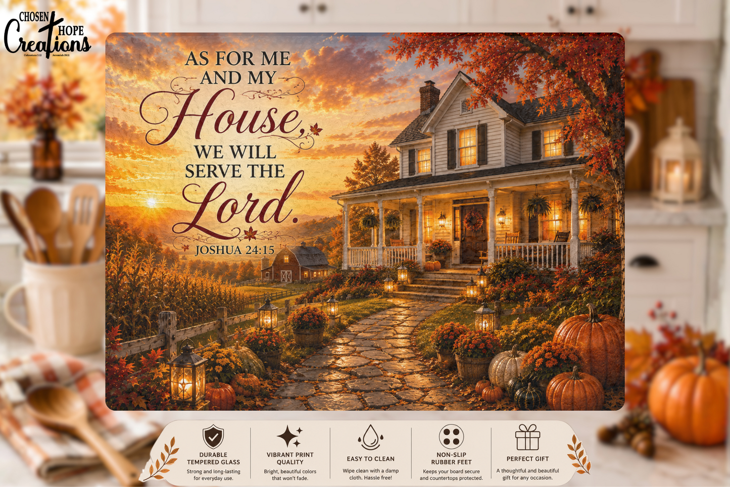 Joshua 24:15 Farmhouse Tempered Glass Cutting Board | Christian Kitchen Décor | Autumn Scripture Gift