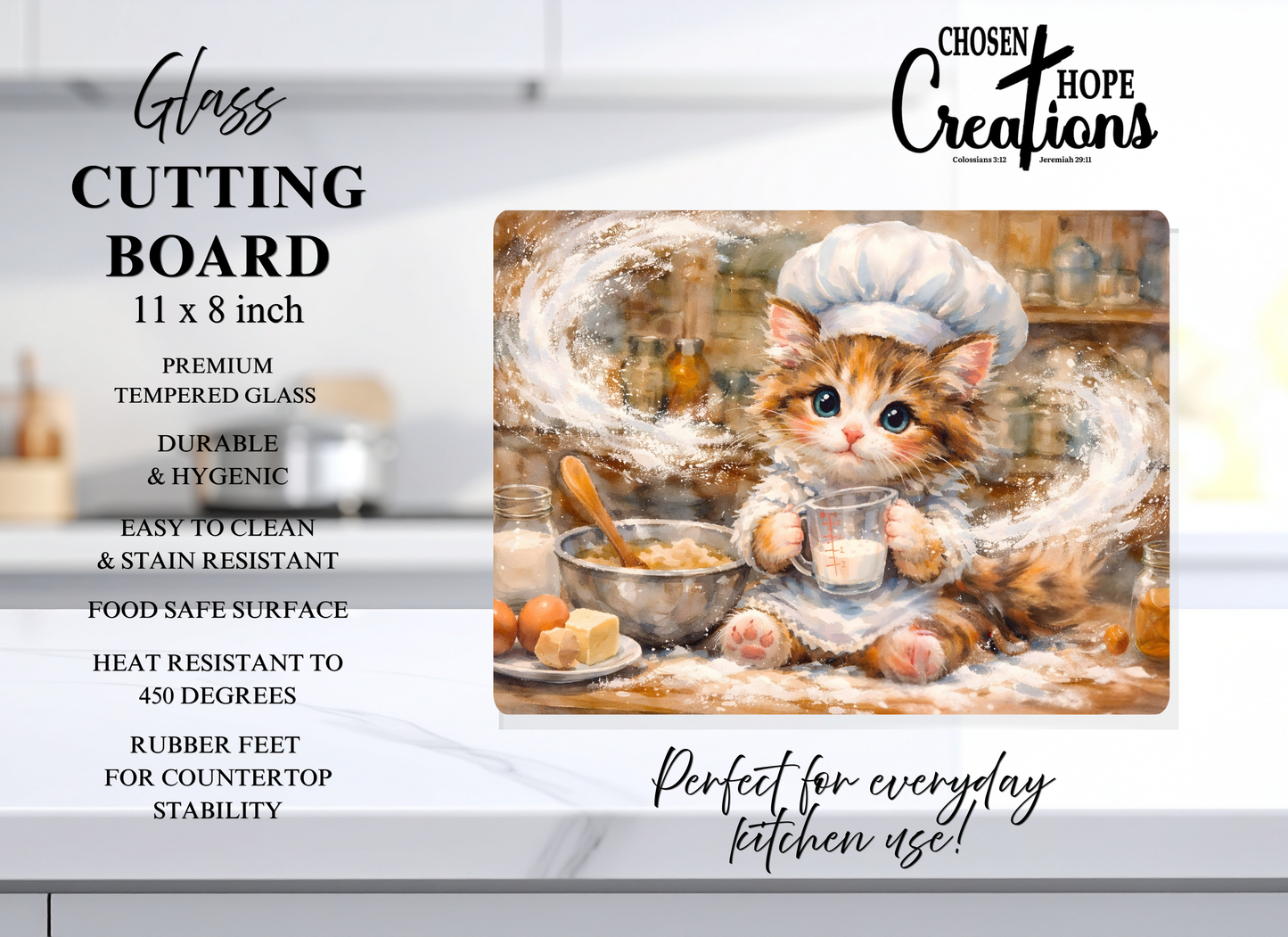Kitten Chef Baking Tempered Glass Cutting Board – 8×11