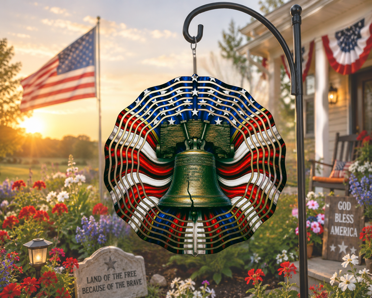 Decorative wind spinner with American flag design featuring a bell, set against a scenic background with flowers and a house.