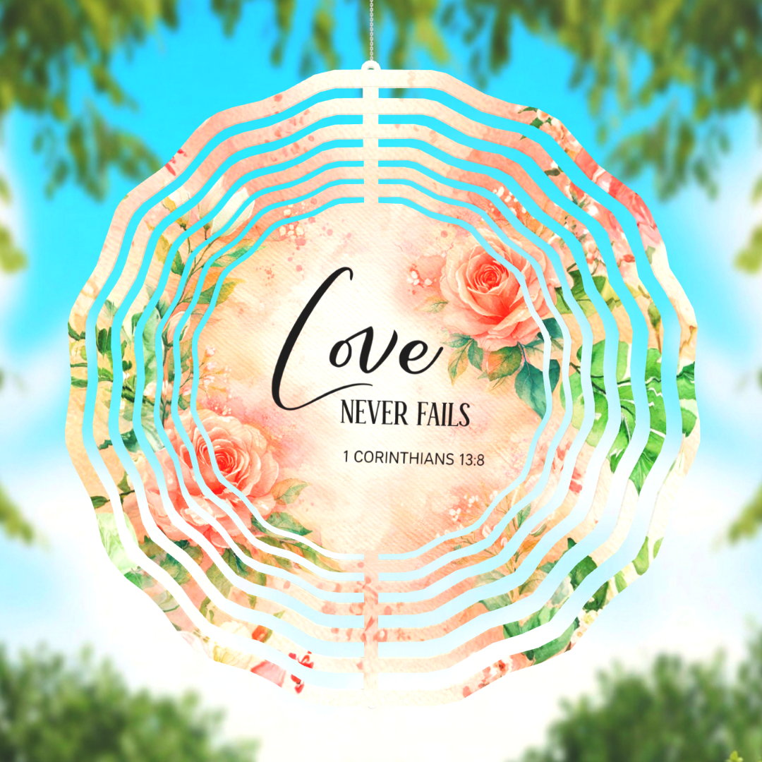 Love Never Fails Wind Spinner | 1 Corinthians 13:8 | Scripture Garden Decor | Wedding & Anniversary Gift