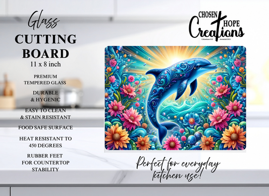 Ornate Dolphin Garden Tempered Glass Cutting Board – 8×11