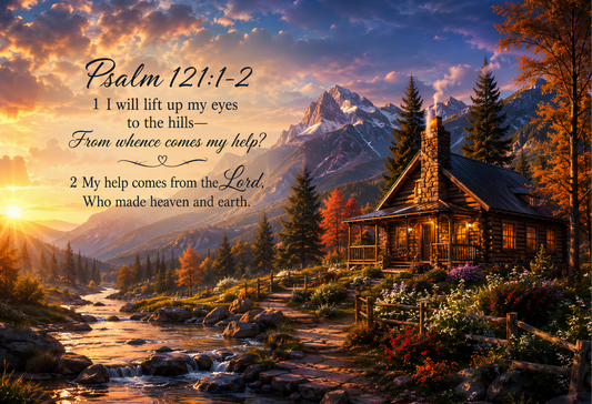 Psalm 121:1–2 Mountain Cabin Tempered Glass Cutting Board | Christian Kitchen Décor | Inspirational Scripture Gift