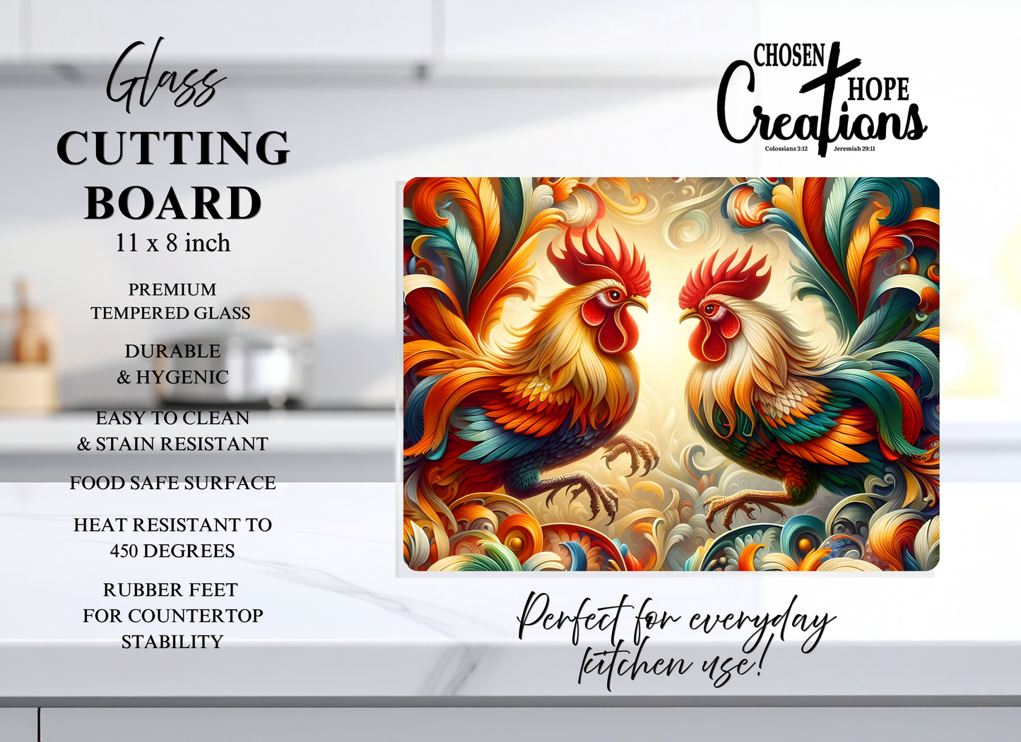 Rooster Duo Tempered Glass Cutting Board – 8×11