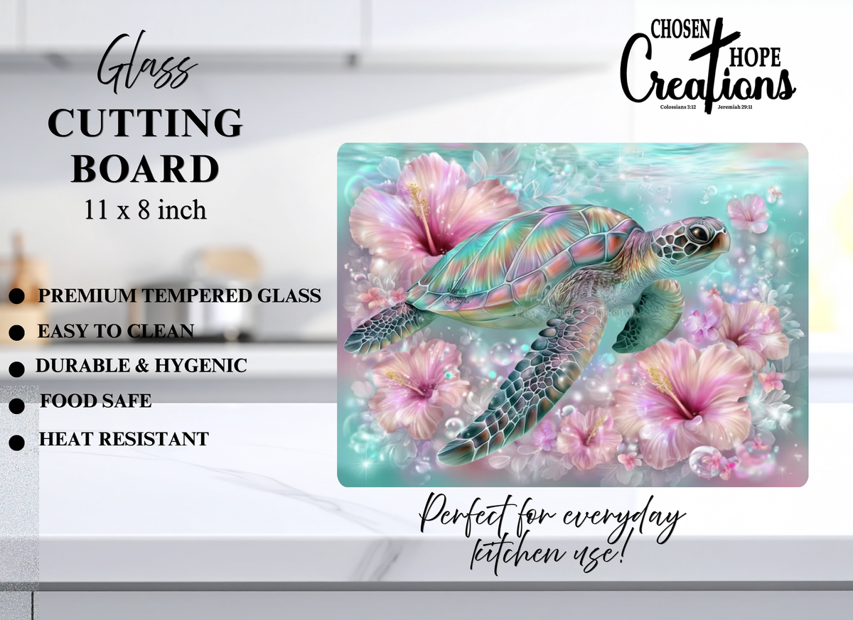 Sea Turtle Hibiscus Tempered Glass Cutting Board – 8×11