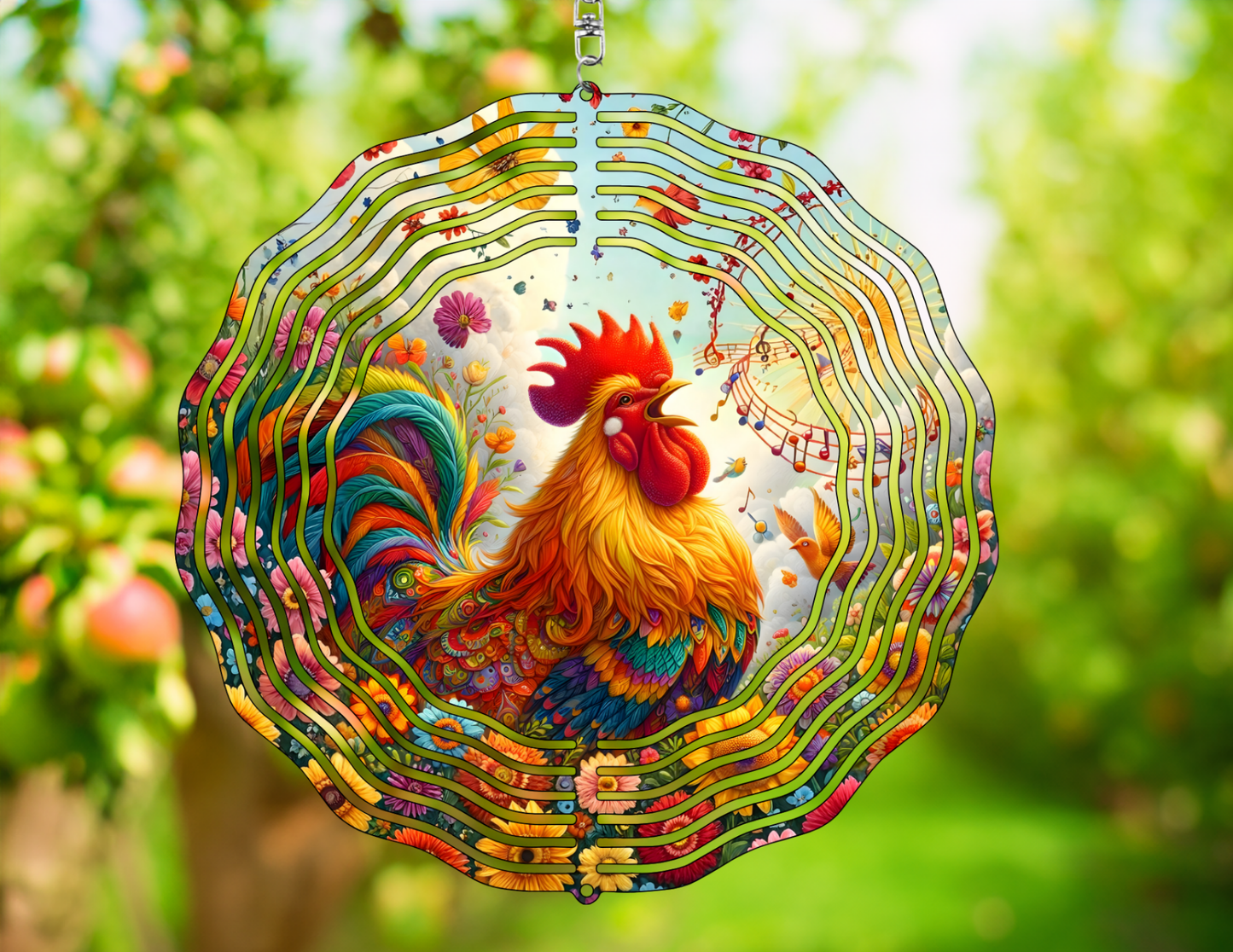 Colorful rooster wind spinner against a blurred green background