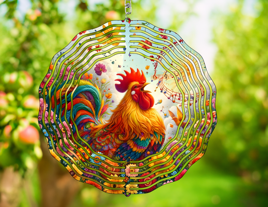 Colorful rooster wind spinner against a blurred green background