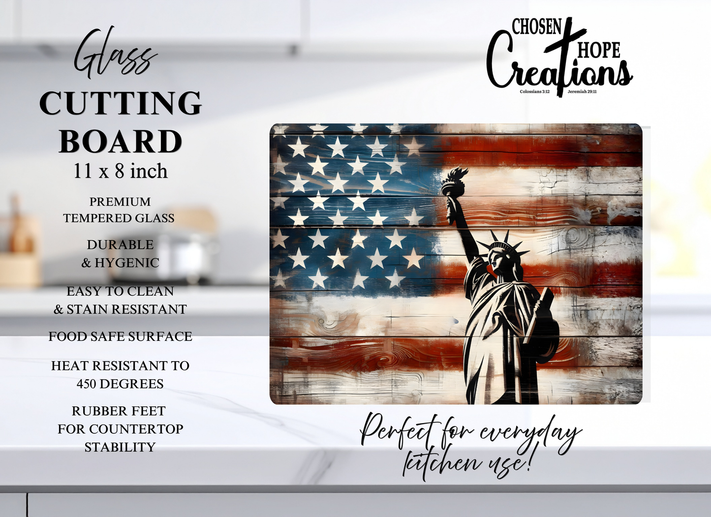 Statue of Liberty Rustic American Flag Tempered Glass Cutting Board – 8×11