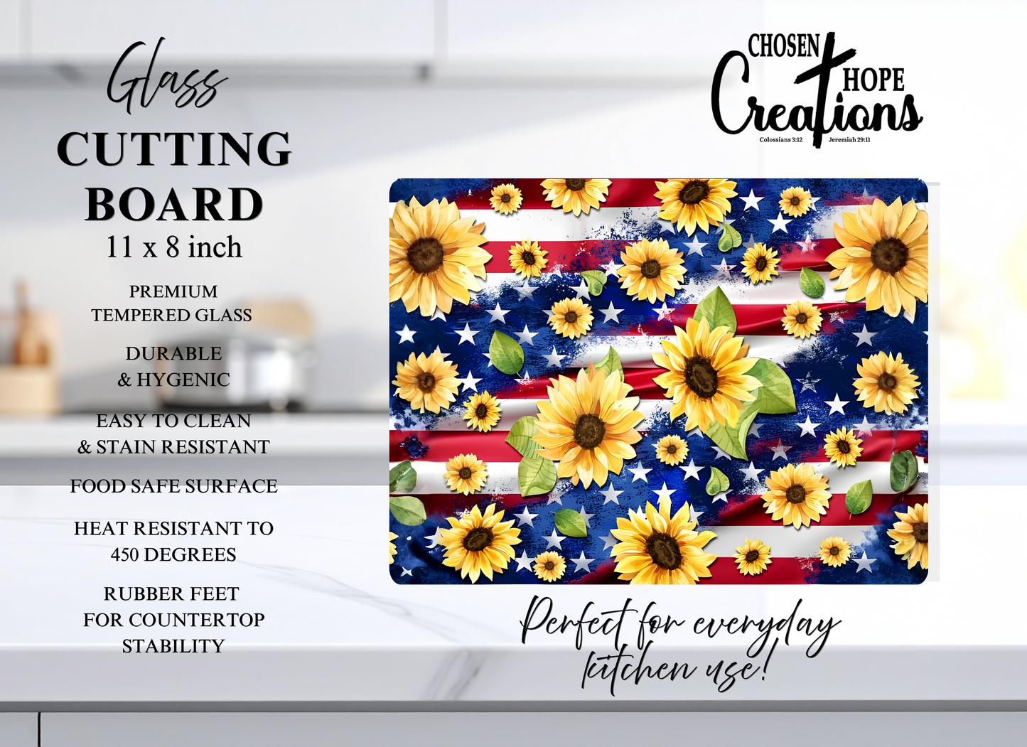 Sunflower American Flag Patriotic Glass Cutting Board