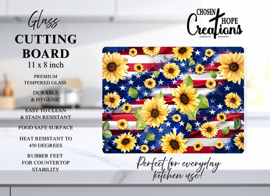 Sunflower American Flag Patriotic Glass Cutting Board