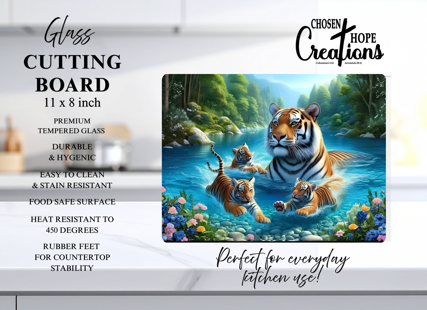 Glass cutting board with tiger family design and product details on a white background