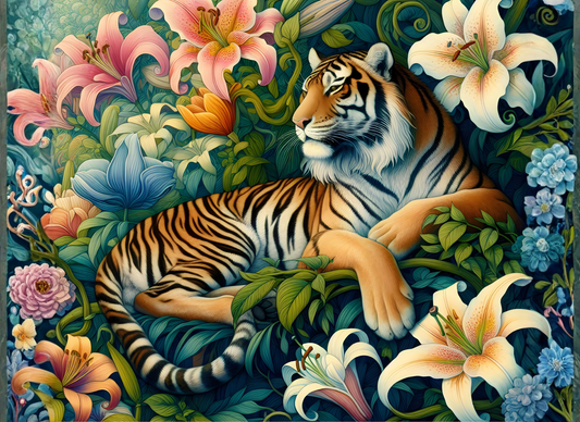 Tiger lying among flowers and foliage in a detailed and colorful setting