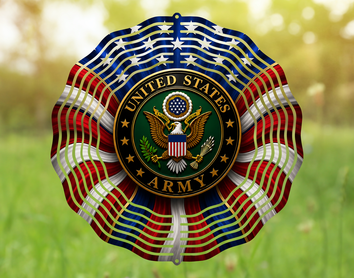 United States Army emblem with American flag design against a blurred green background