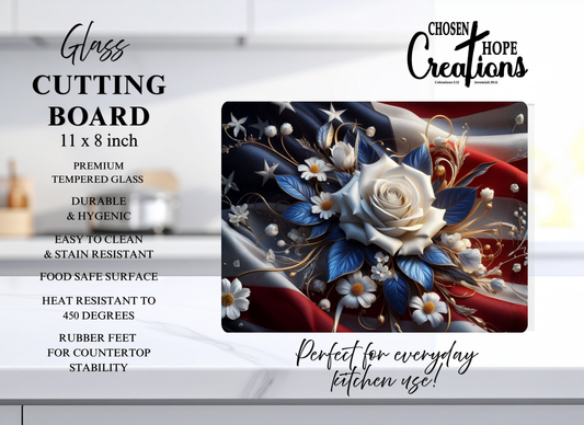 Patriotic White Rose American Flag Glass Cutting Board