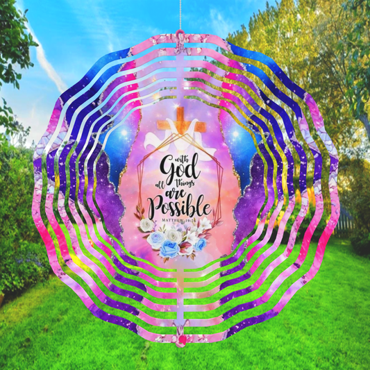 With God All Things Are Possible Wind Spinner | Matthew 19:26 | Faith Garden Decor | Scripture Gift